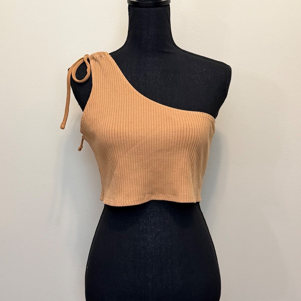NEW Aerie One Shoulder Ribbed Crop Top Tan XL Tie Strap Asymmetrical Festival